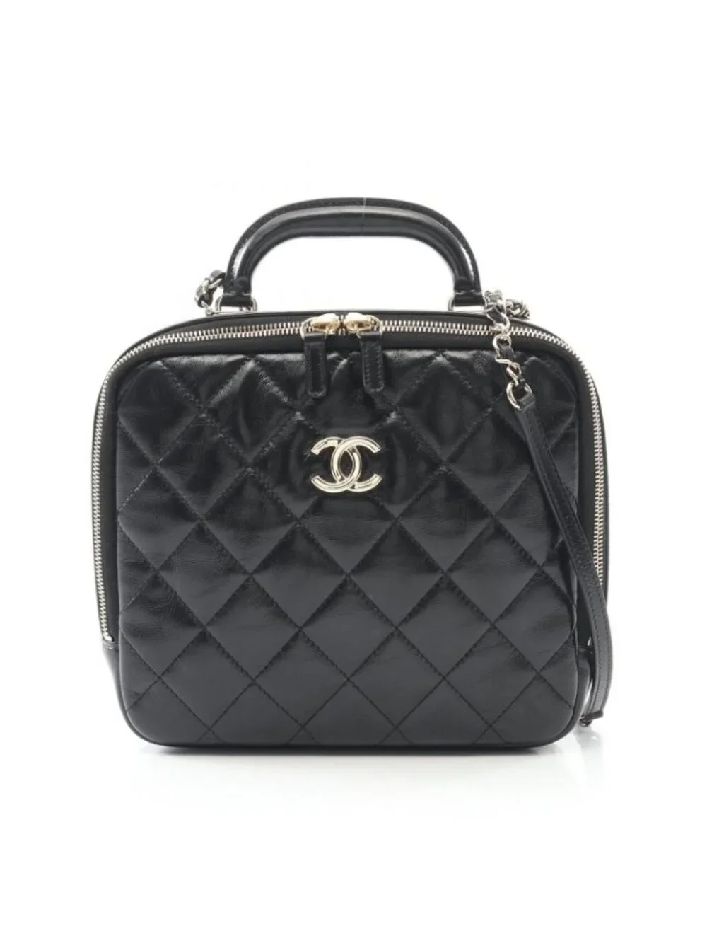 Chanel Shoulder Bag Quilted Top Handle Black Leather